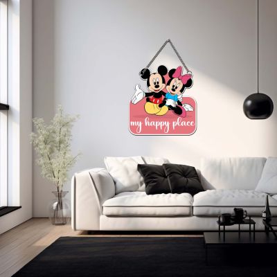 GIFTMEBAZAR My Happy Place With Mickey Mouse Cartoon Theme Wooden Wall Hanging For Home, Living Room & Office Decor Wall Art Modern Decor Item